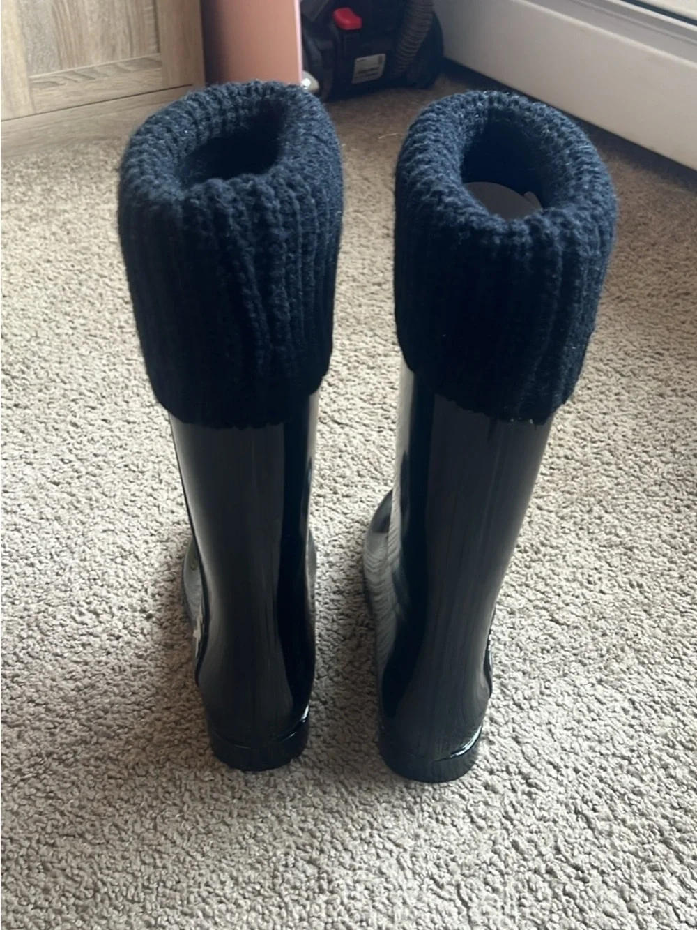 Michael Kors Black Glossy Rain Boots with Knit Cuff